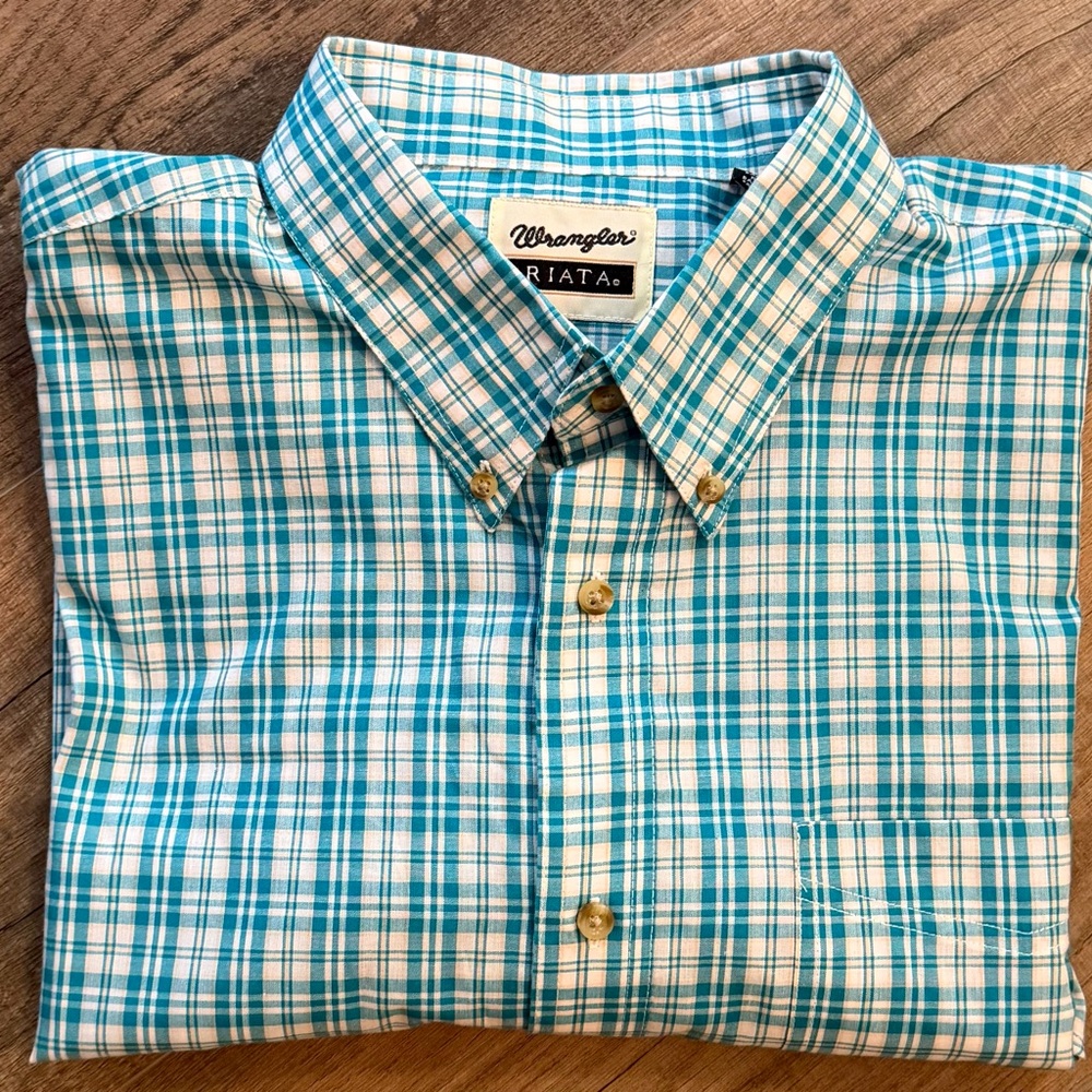 Wrangler Men 2XLT Teal White Plaid ButtonDown Shirt Casual Dress Western Outdoor